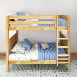Wooden bunk bed with blue and white bedding in a modern bedroom setting.