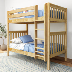 Wooden bunk beds with blue bedding in a modern bedroom setting.