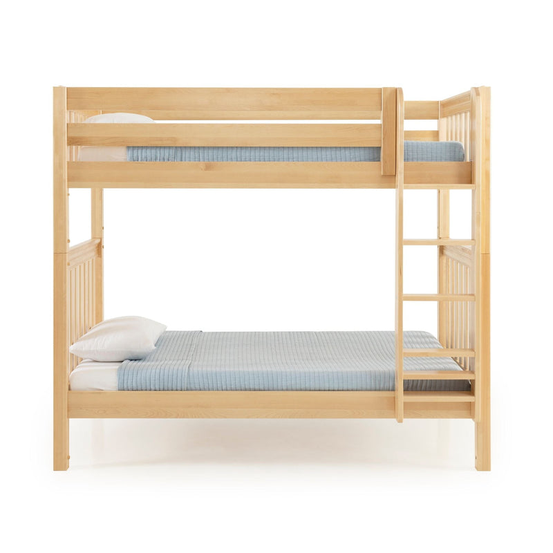 Natural maple solid wood bunk bed with ladder and safety rails, twin-over-full layout with light blue quilt and white pillows — minimalist modern kids bedroom furniture