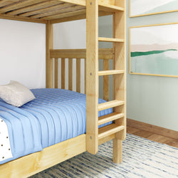 Wooden bunk bed with blue bedding and ladder in a modern bedroom setting.