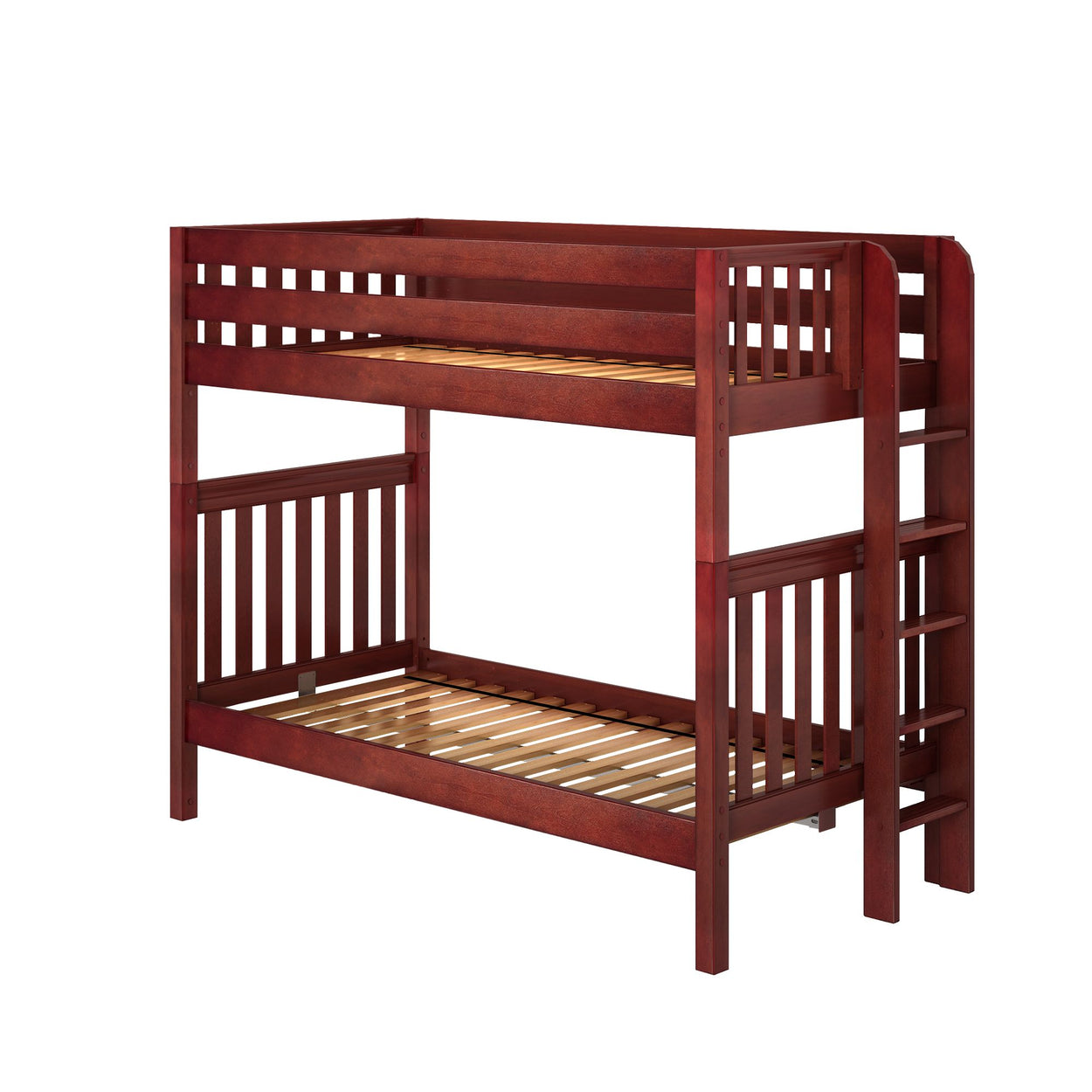 Wooden bunk bed with side ladder and slatted guardrail, sturdy and space-saving furniture for kids' bedroom.