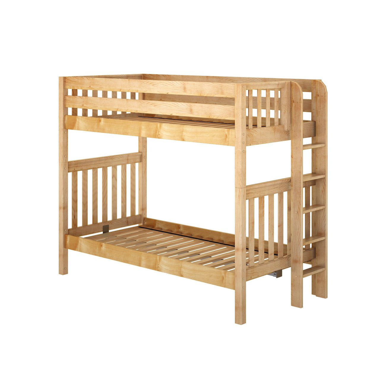 Wooden bunk bed with ladder and safety rails, ideal for small bedrooms and maximizing space, perfect for kids' rooms.