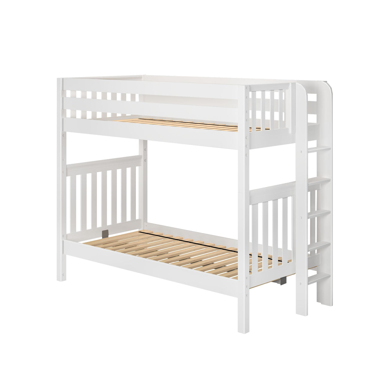 White wooden bunk bed with ladder and slatted design for kids' bedroom furniture.