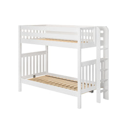 White wooden bunk bed with ladder and slatted design for kids' bedroom furniture.
