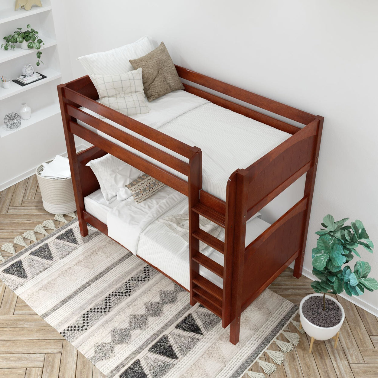 Wooden bunk bed with ladder in a cozy, modern bedroom, featuring white bedding and decorative pillows.