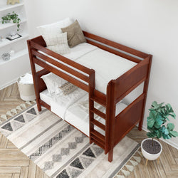 Wooden bunk bed with ladder in a cozy, modern bedroom, featuring white bedding and decorative pillows.