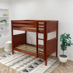 Wooden bunk bed in modern bedroom with decorative rug and indoor plant.