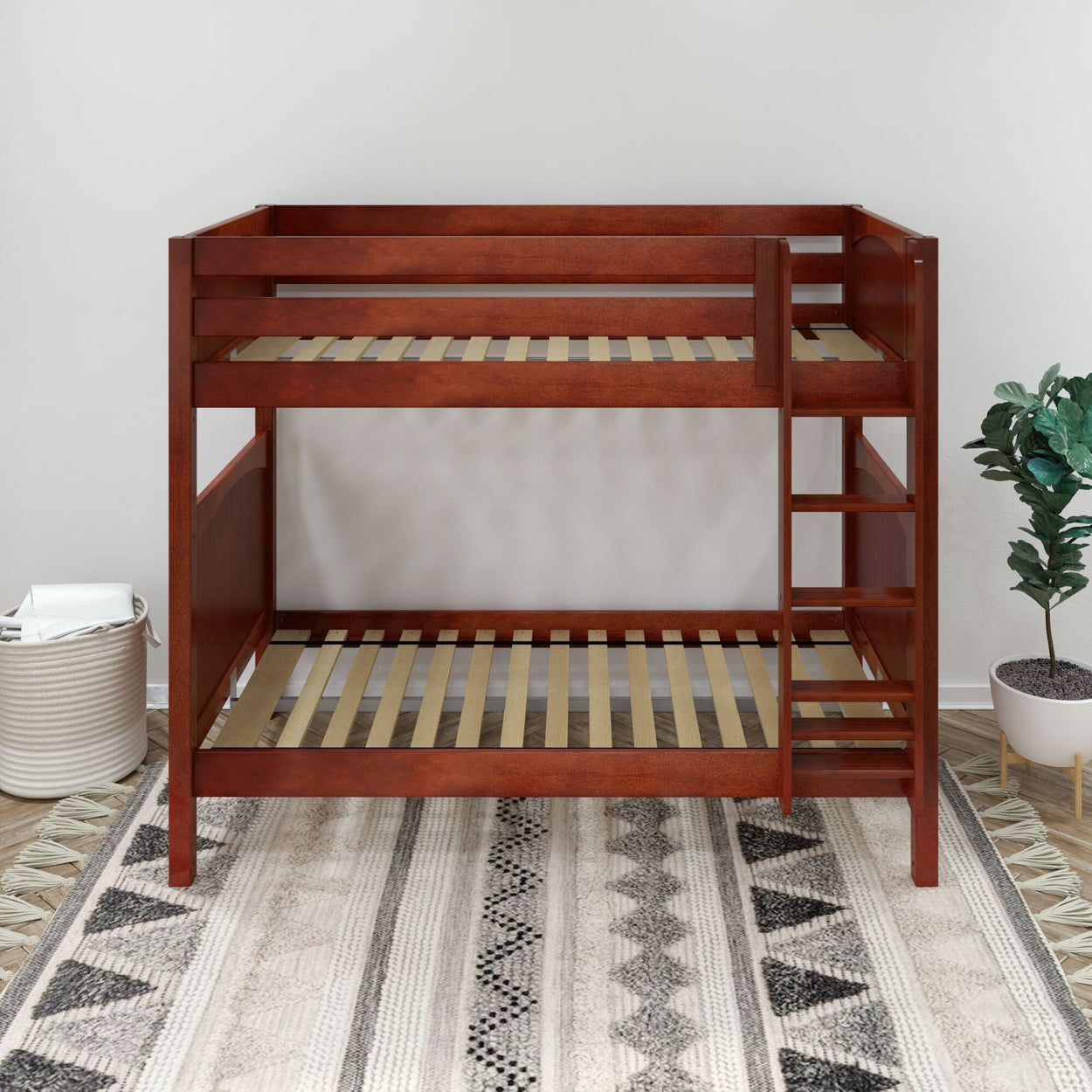Wooden bunk bed frame with ladder in modern bedroom setting.