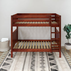 Wooden bunk bed frame with ladder in modern bedroom setting.