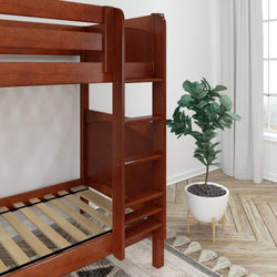 Wooden bunk bed frame with ladder in a cozy bedroom featuring a potted plant near a window.