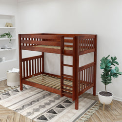 Wooden bunk bed in a modern bedroom setting with decorative plants and shelves.