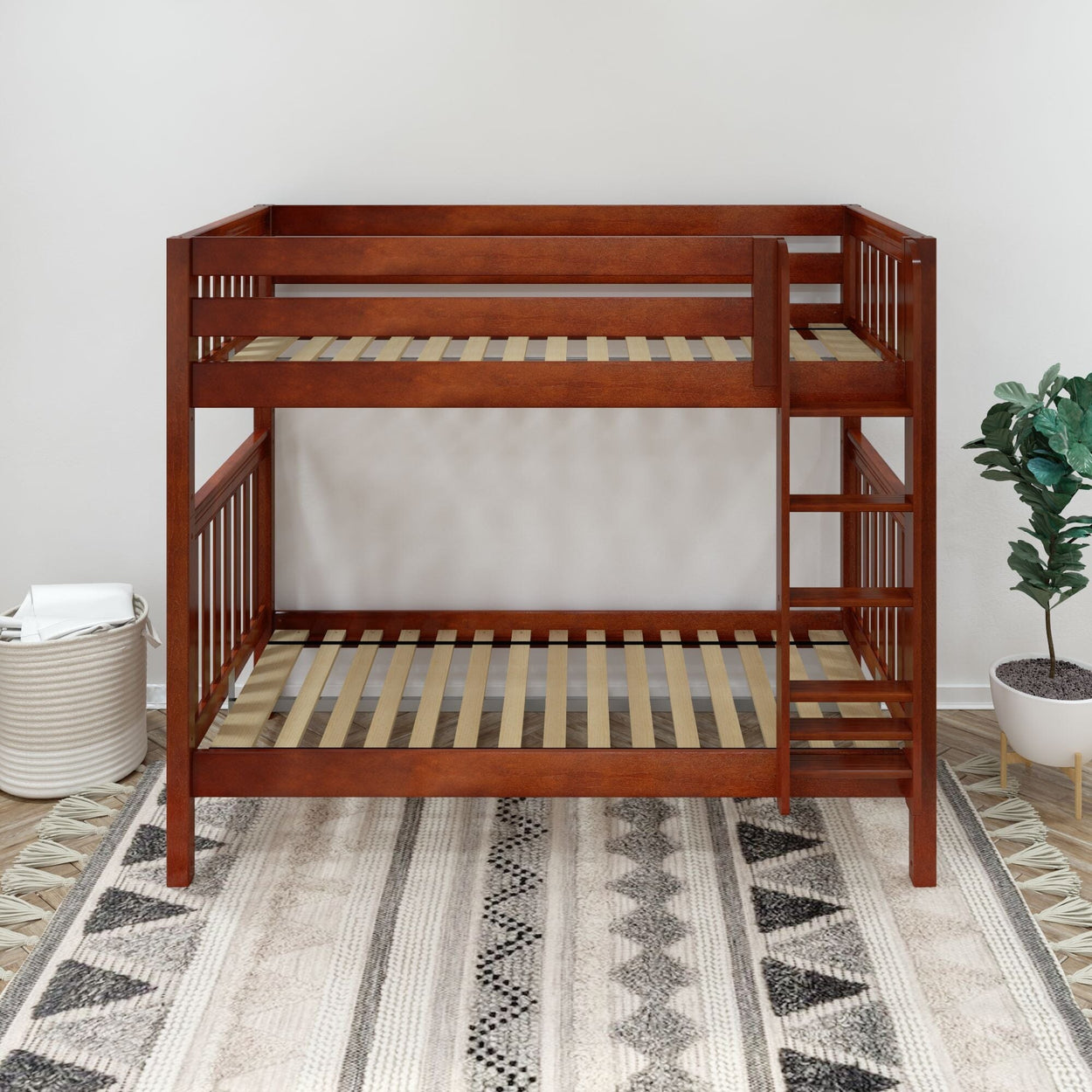Wooden bunk bed frame with ladder in a modern bedroom interior setting.