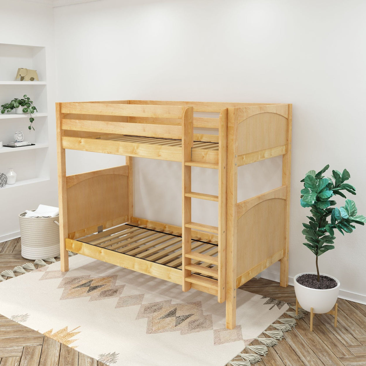 Wooden bunk bed with ladder in a cozy bedroom setup with plants and decor elements.