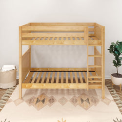Wooden bunk bed with integrated ladder, set in a cozy bedroom featuring a decorative woven rug and stylish decor accents.