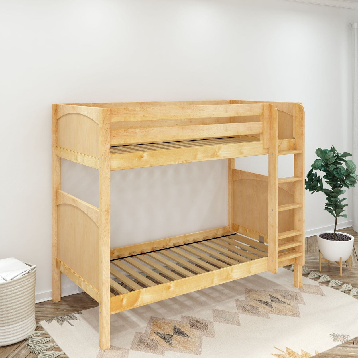 Wooden bunk bed with built-in ladder in a modern bedroom setting, featuring a decorative rug and potted plant.