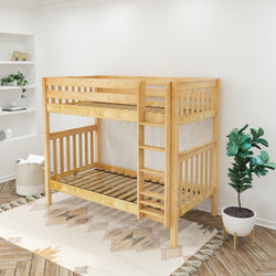 Wooden bunk bed with ladder in modern bedroom setting.