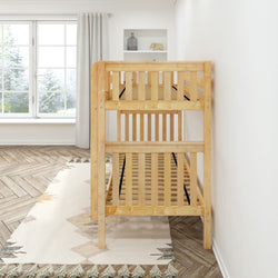 Wooden bunk bed frame in bright room with large window and geometric patterned carpet.