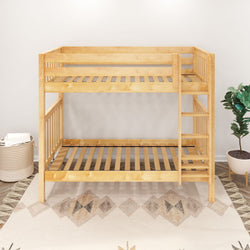 Wooden bunk bed frame with ladder in a modern bedroom setting.