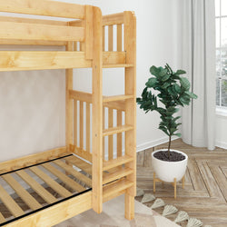Wooden bunk bed frame with ladder in a modern bedroom featuring a potted plant and wooden flooring.