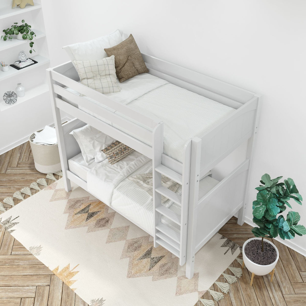 White wooden bunk bed with comfortable bedding in a modern children's room featuring decorative pillows, a geometric rug, and indoor plants.