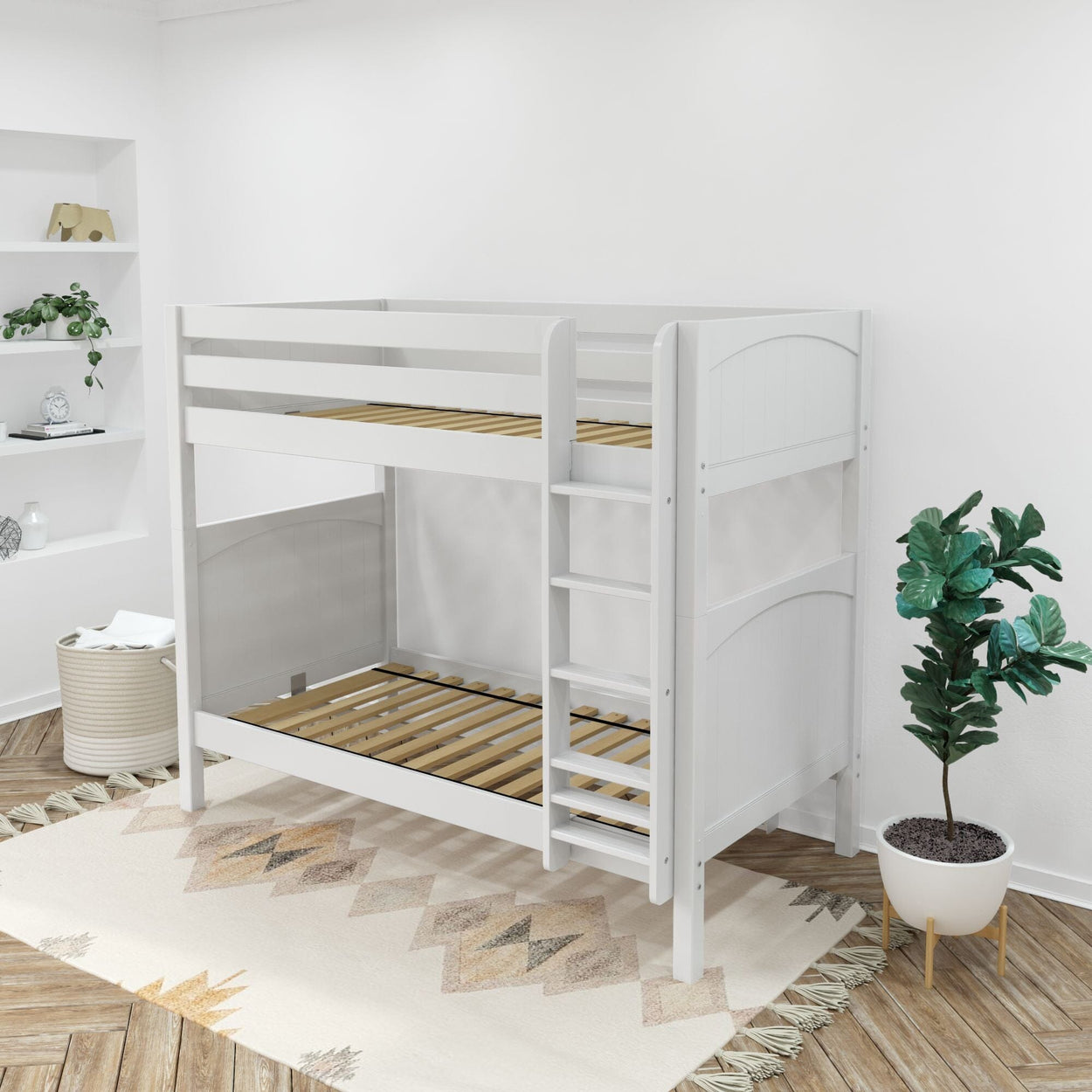 White wooden bunk bed in a modern bedroom with plant and geometric rug.