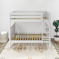 White wooden bunk bed frame with a small ladder in a modern bedroom setting, featuring a patterned rug and a green potted plant for stylish interior design inspiration.