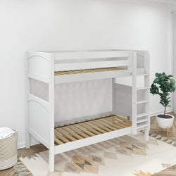White wooden bunk bed with built-in ladder in a minimalist bedroom.