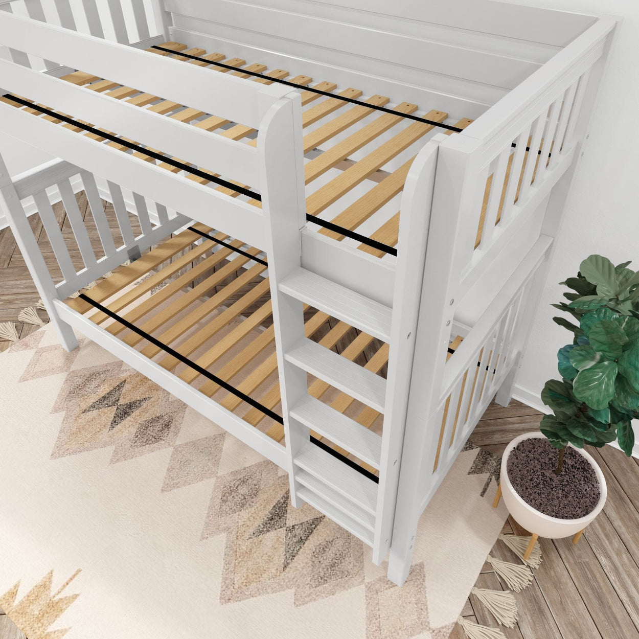 White wooden bunk bed with ladder and slatted base, situated on a geometric-patterned rug next to a potted plant.