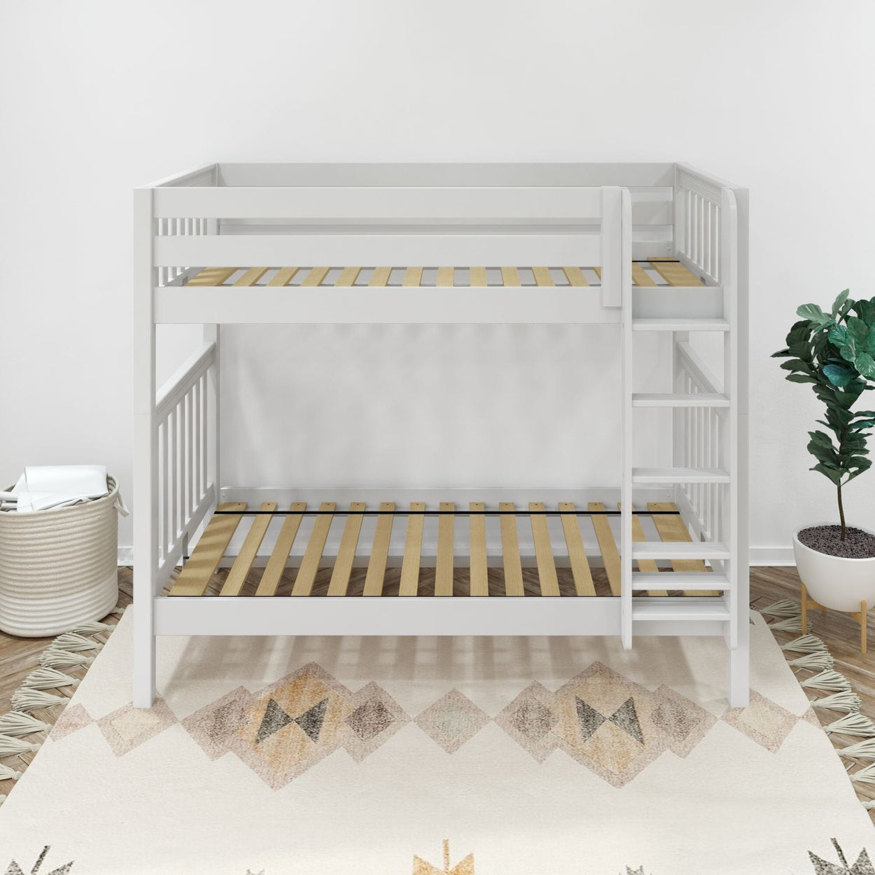 White wooden bunk bed with ladder in modern kids bedroom setup.