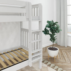 White wooden bunk bed with ladder in a bright room, featuring a green potted plant and large window for natural light.