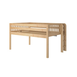 Wooden loft bed with ladder, perfect for saving space in kids' bedroom.