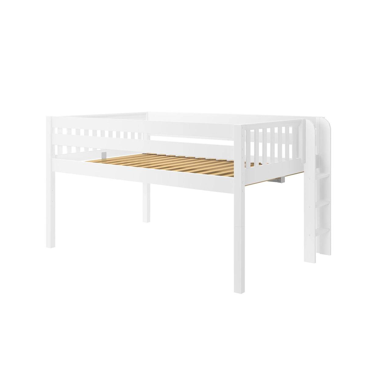 White loft bed frame with ladder and slatted base for children's bedroom furniture.