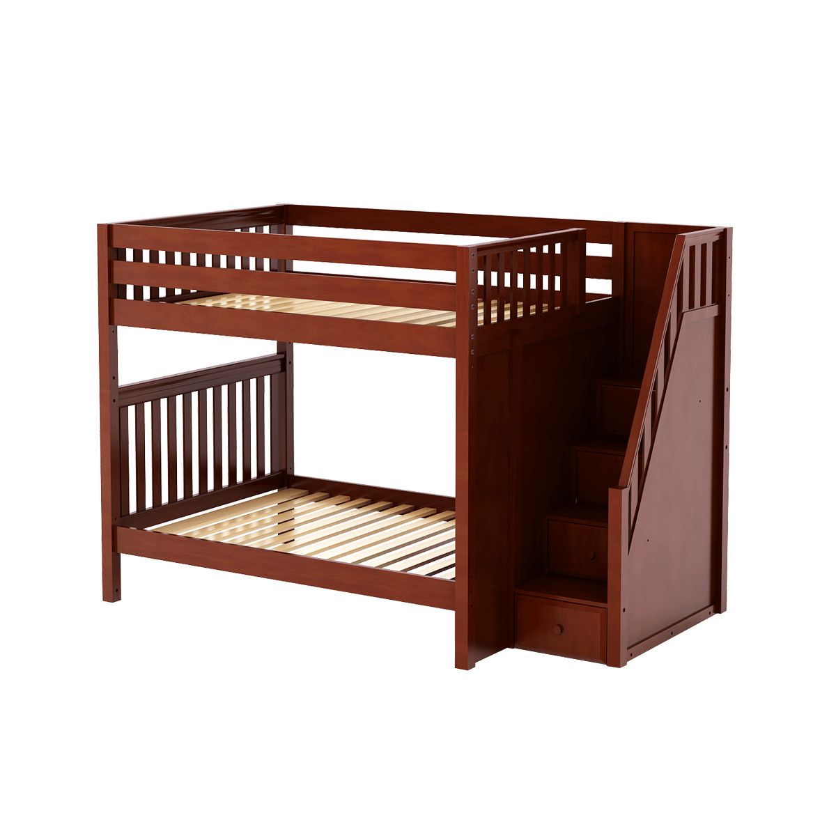 Wooden bunk bed with stairs and storage in a rich dark finish.