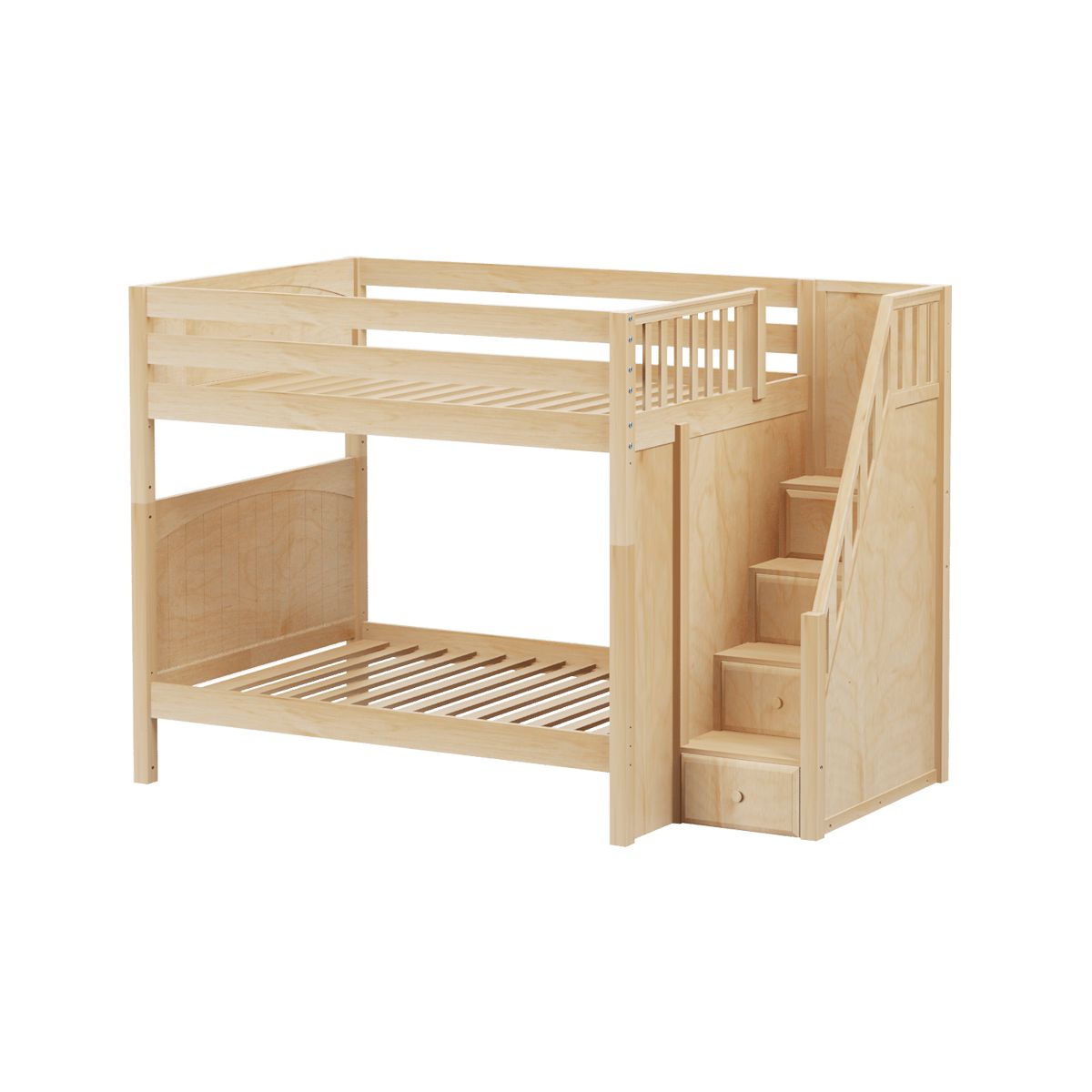 Natural wood loft bed with stairs and storage drawers for kids' room.