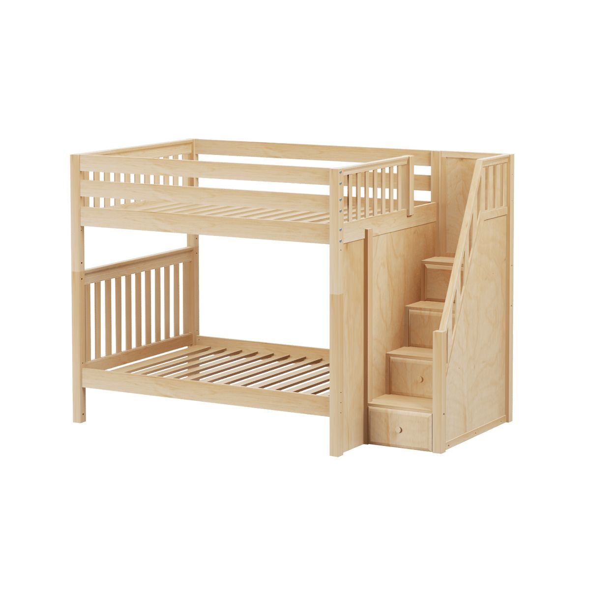 Wooden bunk bed with staircase and guardrails, ideal for kids' bedroom furniture.