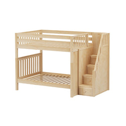Wooden bunk bed with staircase and guardrails, ideal for kids' bedroom furniture.