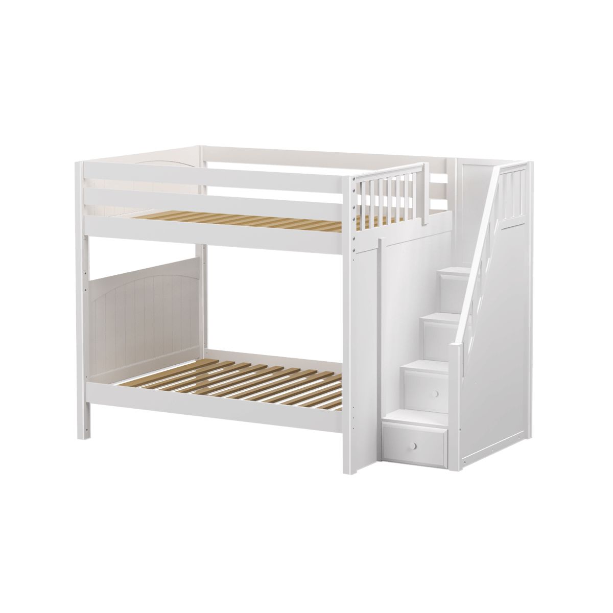 White wooden bunk bed with storage stairs and safety rails for kids' bedroom.