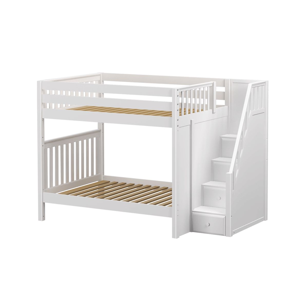 White wooden bunk bed with stairs and drawers, ideal for maximizing space in kids' bedrooms.