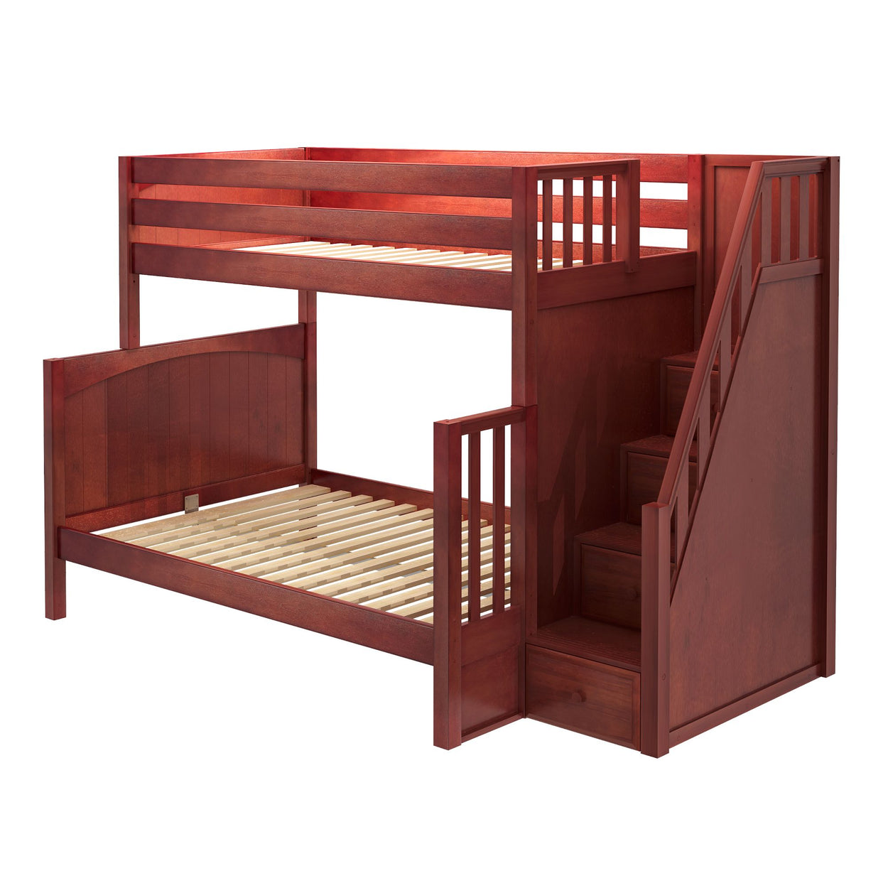 Cherry wood twin over twin bunk bed with built-in staircase and safety rails.