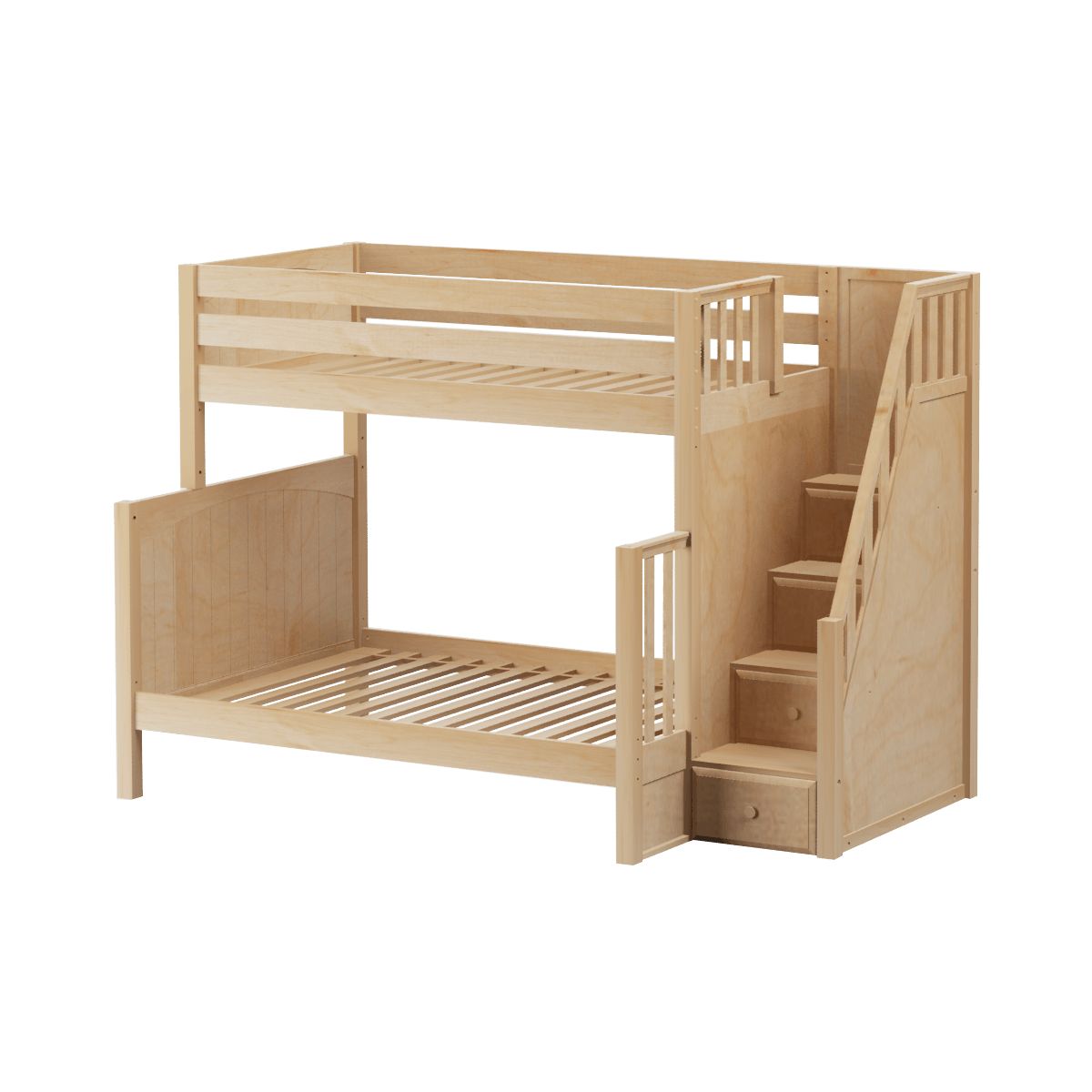 Wooden bunk bed with staircase and storage drawers, ideal for children's bedroom furniture.
