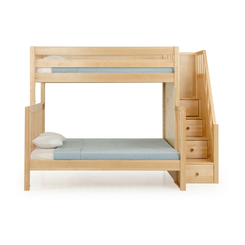 Solid maple-finish wooden loft bunk bed with built-in staircase and storage drawers, light blue bedding, modern space-saving kids' bedroom furniture