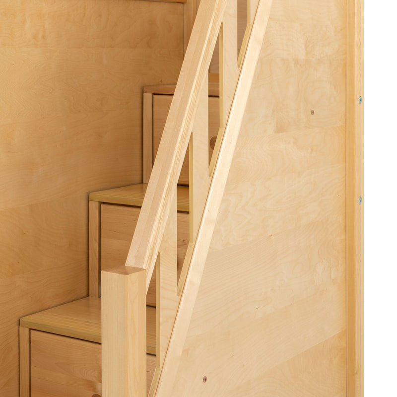 Close-up of a modern light birch plywood staircase with integrated storage drawers and minimalist wooden handrail