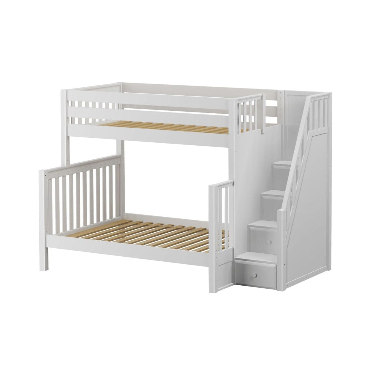 White wooden bunk bed with staircase drawers for kids' bedroom furniture.