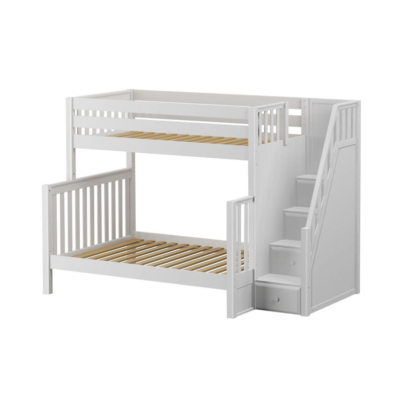 Twin-over-full white wooden bunk bed with staircase storage drawers, slatted platform and safety rails