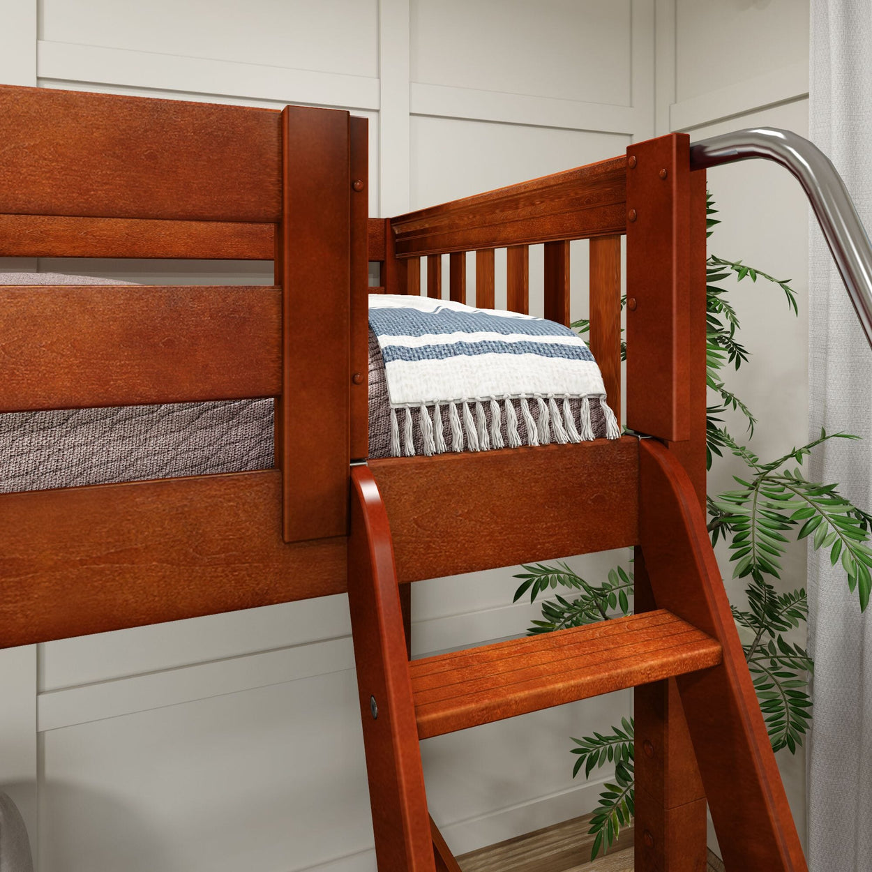 Wooden loft bed with ladder and striped blanket in modern bedroom.
