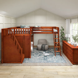 Children's bedroom with wooden loft bed and storage stairs, cozy bean bag seating, and white panel walls.