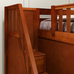 Brown wooden bunk bed with built-in storage drawers and a sturdy ladder.