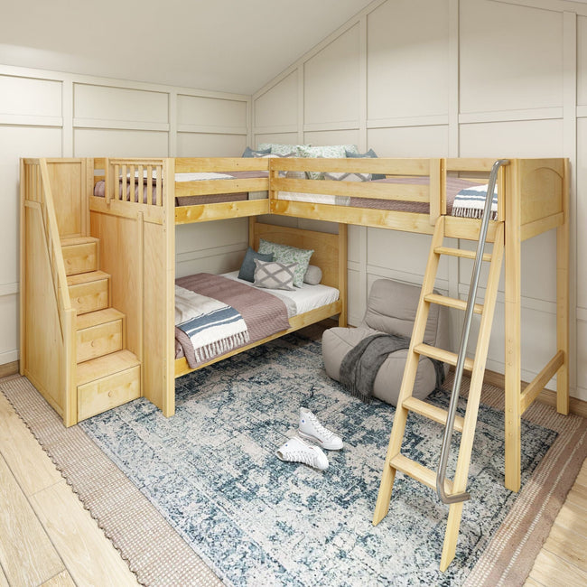TREBLE NP : Multiple Bunk Beds Full High Corner Loft Bunk Bed with Angled Ladder and Stairs on Left, Panel, Natural