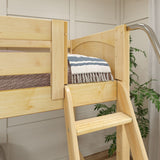 TREBLE NP : Multiple Bunk Beds Full High Corner Loft Bunk Bed with Angled Ladder and Stairs on Left, Panel, Natural