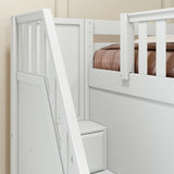 TREBLE WP : Multiple Bunk Beds Full High Corner Loft Bunk Bed with Angled Ladder and Stairs on Left, Panel, White